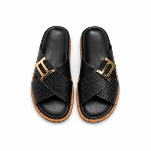 Mens Black Leather Slippers with Buckle Design